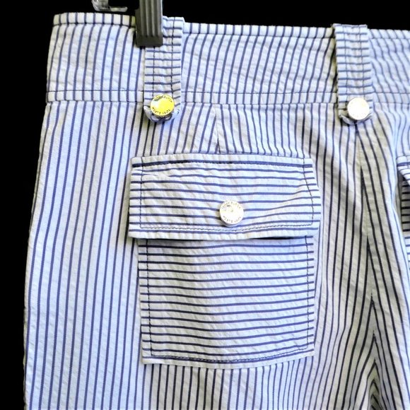 Tory Burch Pants - Tory Burch Designer White Cargo Pants Seersucker Navy Stripes Pockets 6